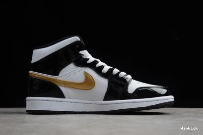 Air 852542-007 Jordan 1 Mid Black White Patent Gold 1028